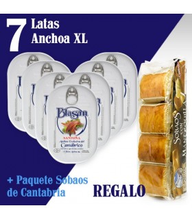 PACK ANIVERSARIO: 7 latas de Anchoas Blasan XL + REGALO de paquete de Sobaos de Cantabria (12 uds.)